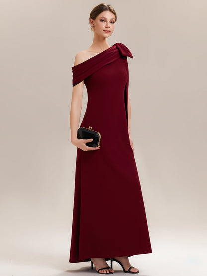ever NOIR|Asymmetric Shoulder with Bow Knit Black Tie Formal Dress
