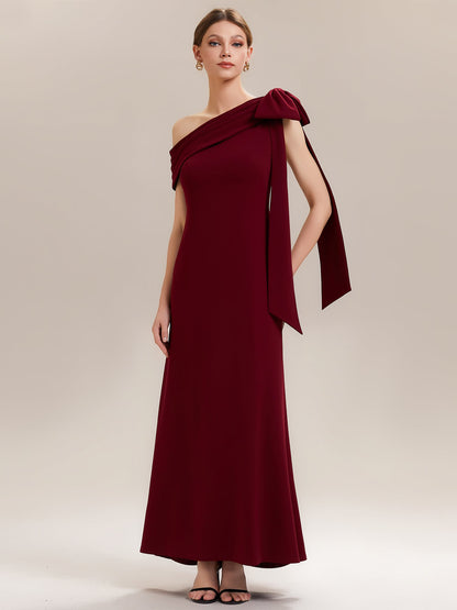 ever NOIR|Asymmetric Shoulder with Bow Knit Black Tie Formal Dress