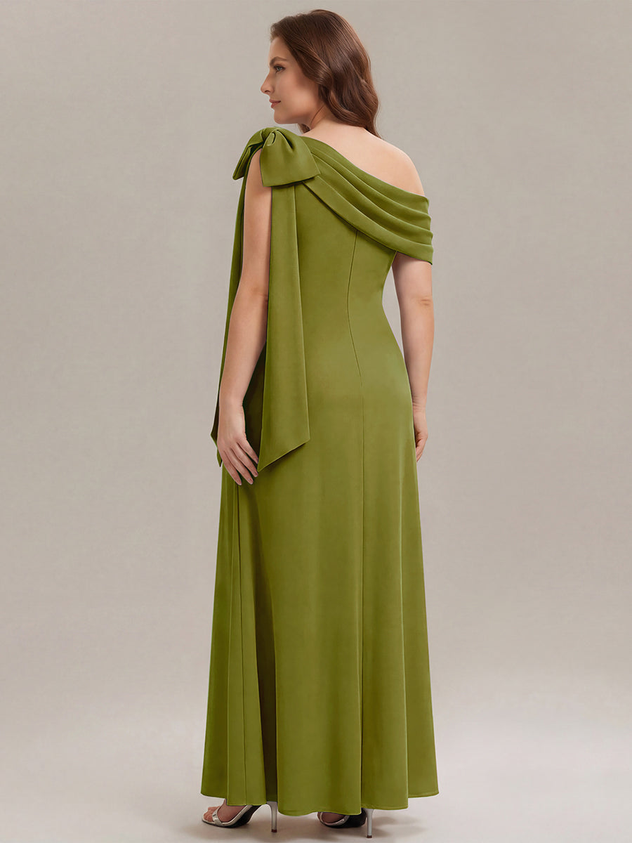 ever NOIR|Asymmetric Shoulder with Bow Knit Black Tie Formal Dress