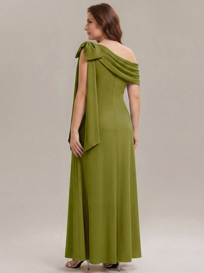 ever NOIR|Asymmetric Shoulder with Bow Knit Black Tie Formal Dress