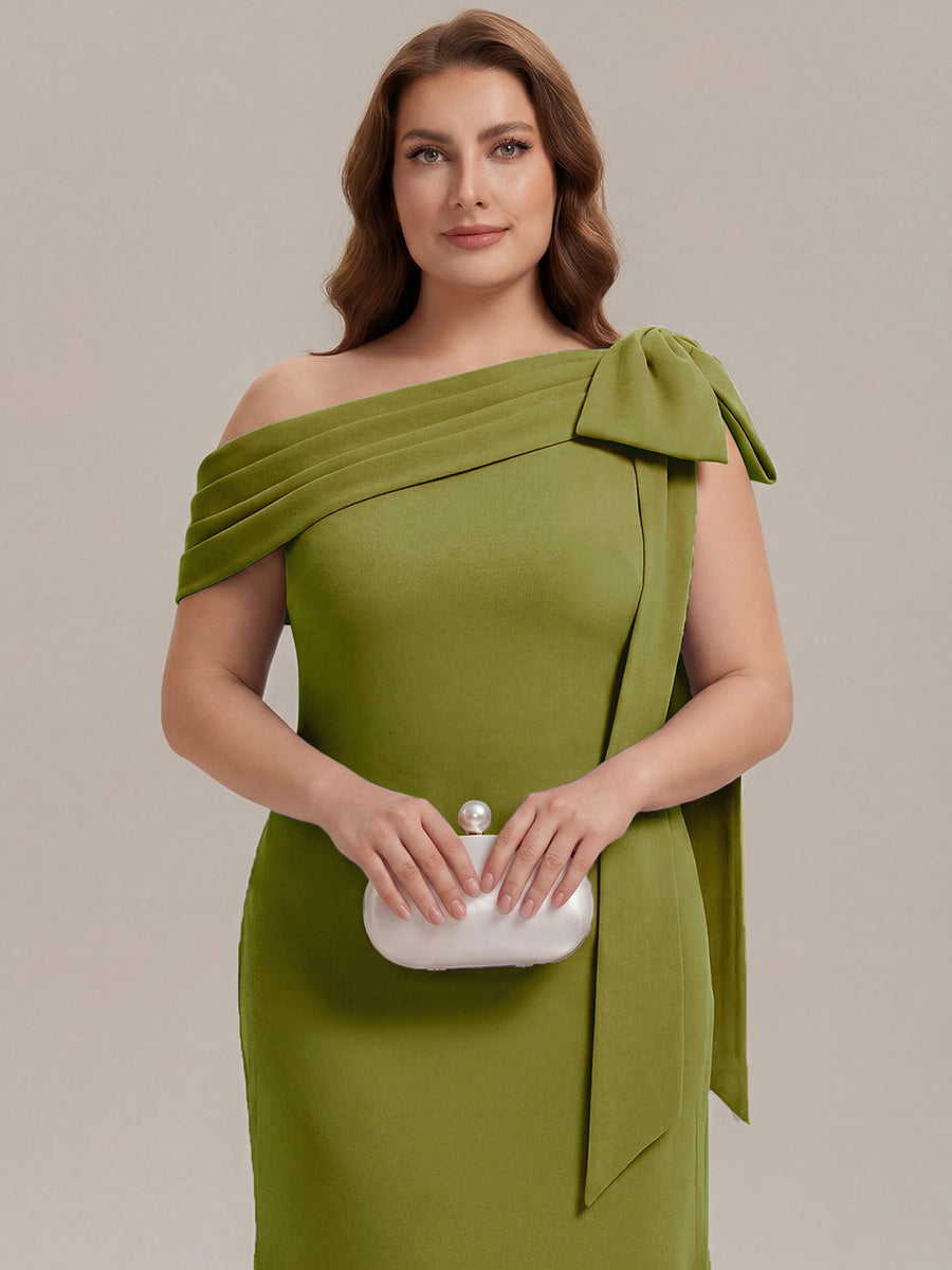 ever NOIR|Asymmetric Shoulder with Bow Knit Black Tie Formal Dress