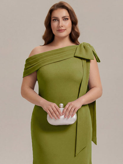ever NOIR|Asymmetric Shoulder with Bow Knit Black Tie Formal Dress