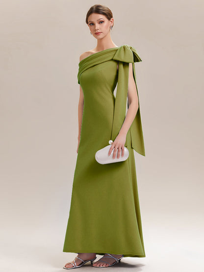 ever NOIR|Asymmetric Shoulder with Bow Knit Black Tie Formal Dress