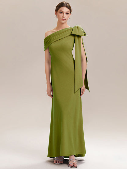 ever NOIR|Asymmetric Shoulder with Bow Knit Black Tie Formal Dress