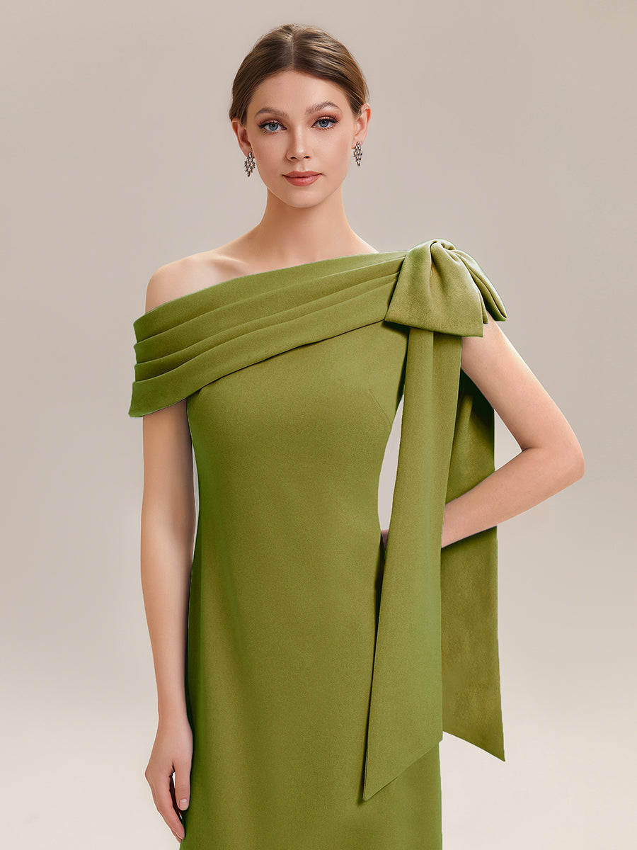 ever NOIR|Asymmetric Shoulder with Bow Knit Black Tie Formal Dress