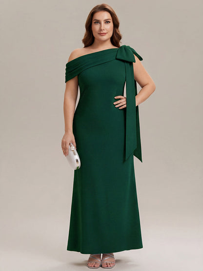 ever NOIR|Asymmetric Shoulder with Bow Knit Black Tie Formal Dress