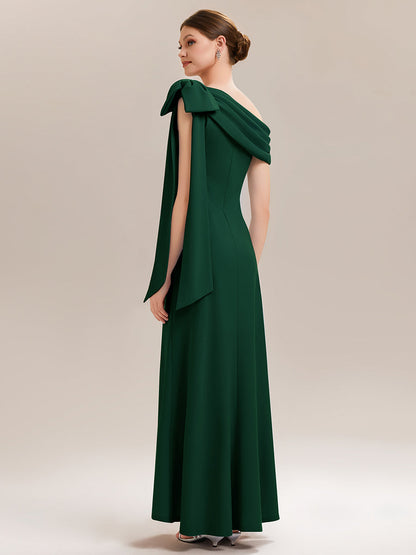 ever NOIR|Asymmetric Shoulder with Bow Knit Black Tie Formal Dress