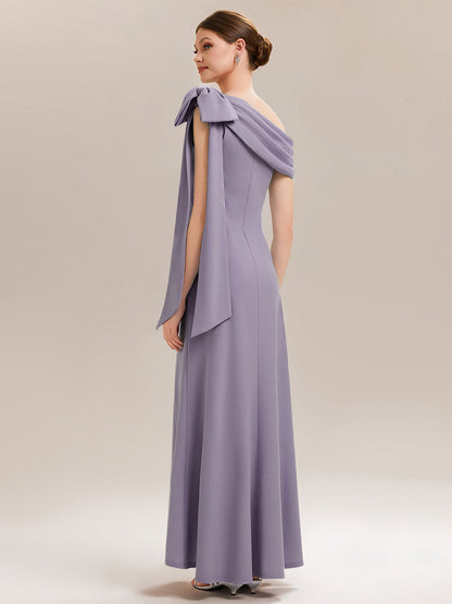 ever NOIR|Asymmetric Shoulder with Bow Knit Black Tie Formal Dress