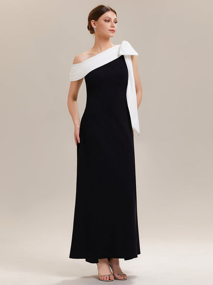 ever NOIR|Asymmetric Shoulder with Bow Knit Black Tie Formal Dress