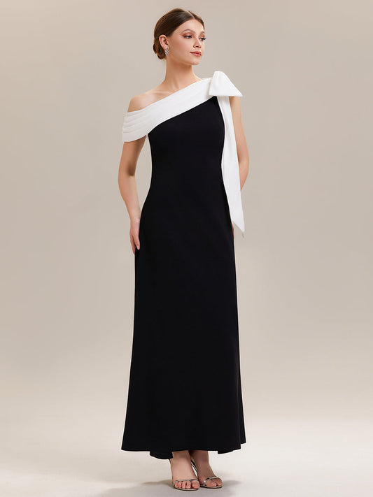 ever NOIR|Asymmetric Shoulder with Bow Knit Black Tie Formal Dress
