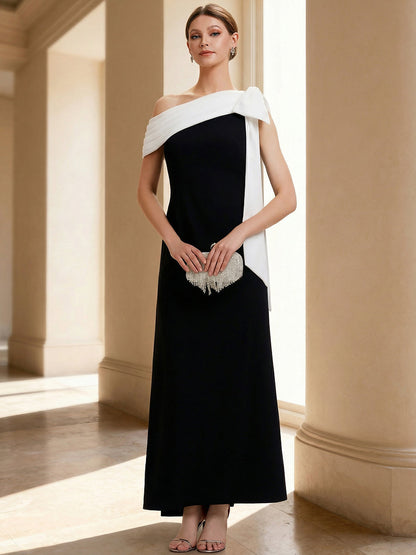 ever NOIR|Asymmetric Shoulder with Bow Knit Black Tie Formal Dress
