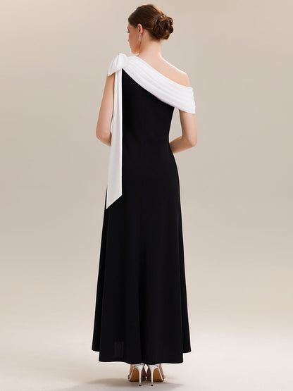 ever NOIR|Asymmetric Shoulder with Bow Knit Black Tie Formal Dress