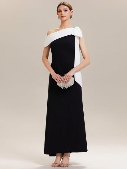 ever NOIR|Asymmetric Shoulder with Bow Knit Black Tie Formal Dress
