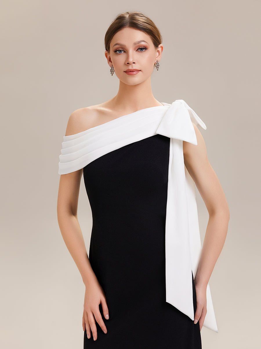 ever NOIR|Asymmetric Shoulder with Bow Knit Black Tie Formal Dress