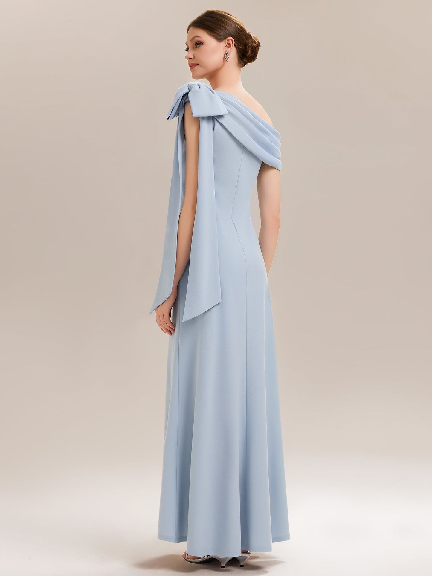 ever NOIR|Asymmetric Shoulder with Bow Knit Black Tie Formal Dress