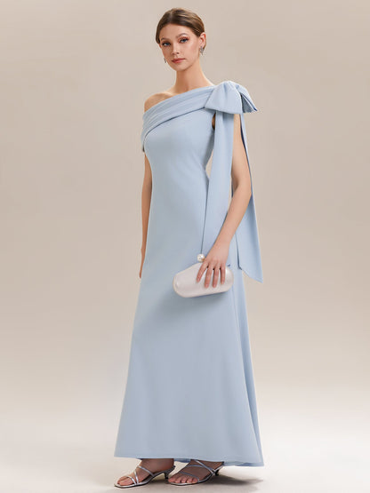 ever NOIR|Asymmetric Shoulder with Bow Knit Black Tie Formal Dress