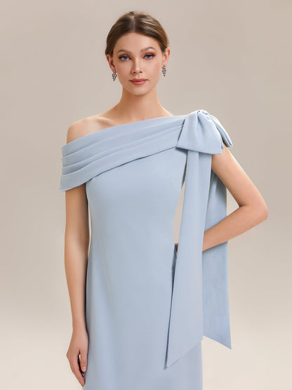 ever NOIR|Asymmetric Shoulder with Bow Knit Black Tie Formal Dress