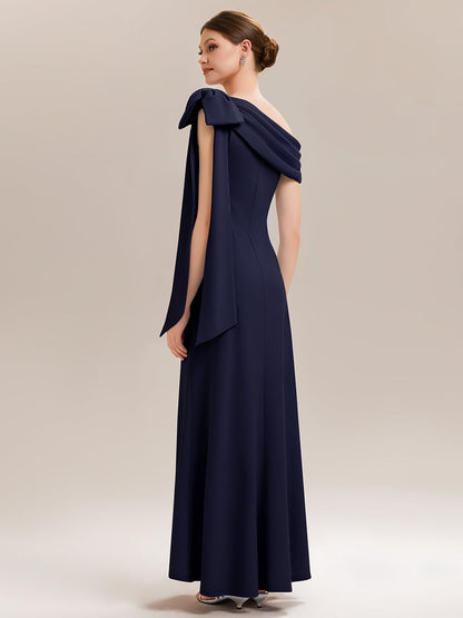 ever NOIR|Asymmetric Shoulder with Bow Knit Black Tie Formal Dress