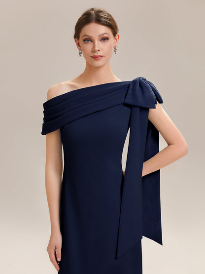 ever NOIR|Asymmetric Shoulder with Bow Knit Black Tie Formal Dress