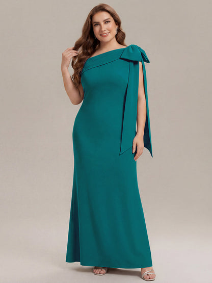 ever NOIR|Asymmetric Shoulder with Bow Knit Black Tie Formal Dress
