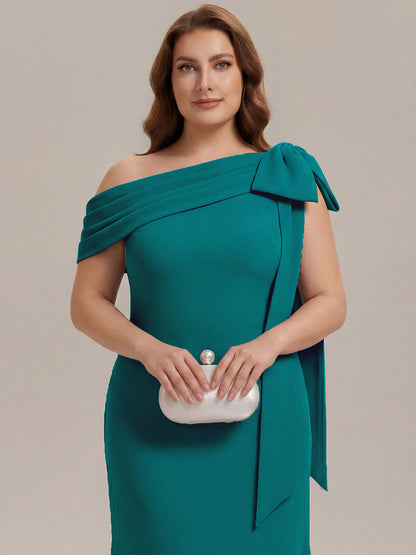ever NOIR|Asymmetric Shoulder with Bow Knit Black Tie Formal Dress