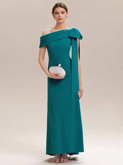 ever NOIR|Asymmetric Shoulder with Bow Knit Black Tie Formal Dress