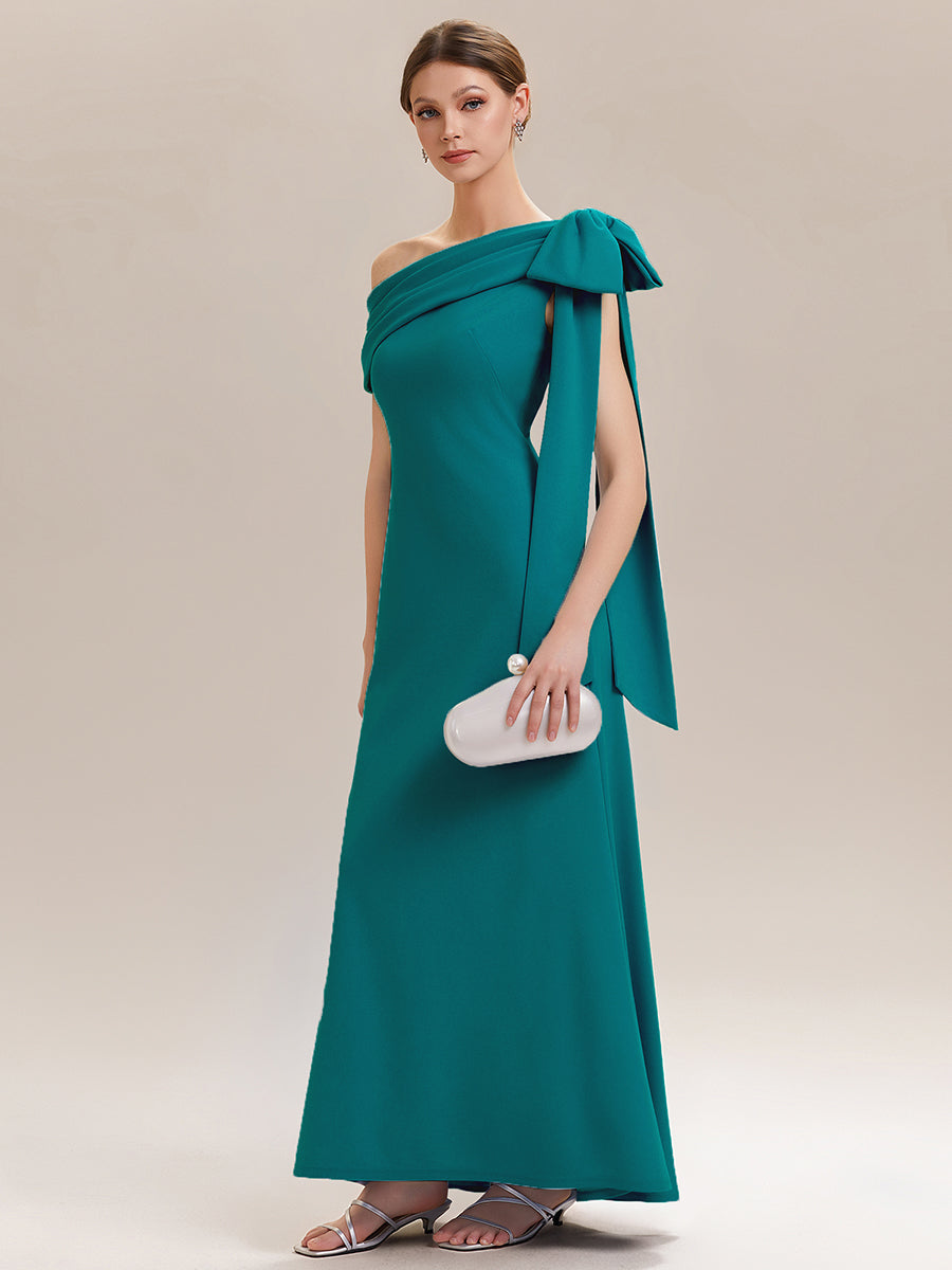 ever NOIR|Asymmetric Shoulder with Bow Knit Black Tie Formal Dress