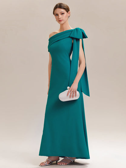 ever NOIR|Asymmetric Shoulder with Bow Knit Black Tie Formal Dress