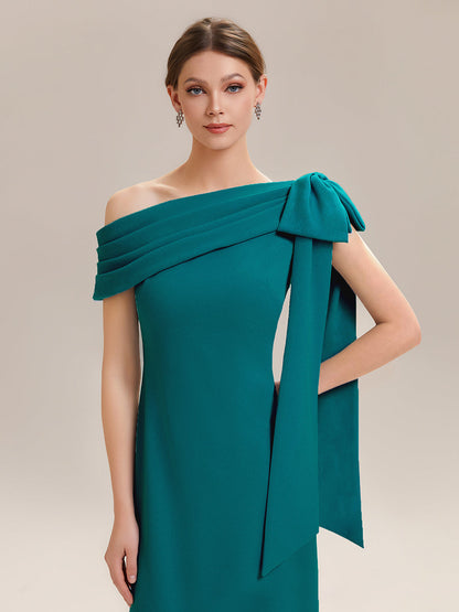 ever NOIR|Asymmetric Shoulder with Bow Knit Black Tie Formal Dress