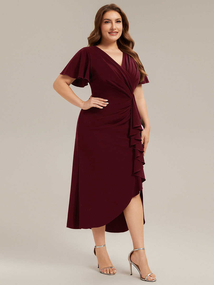 Thigh-High Slit Knit Ruffle Sleeve Wedding Guest Dress