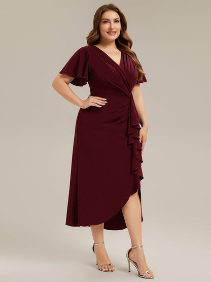 Thigh-High Slit Knit Ruffle Sleeve Wedding Guest Dress