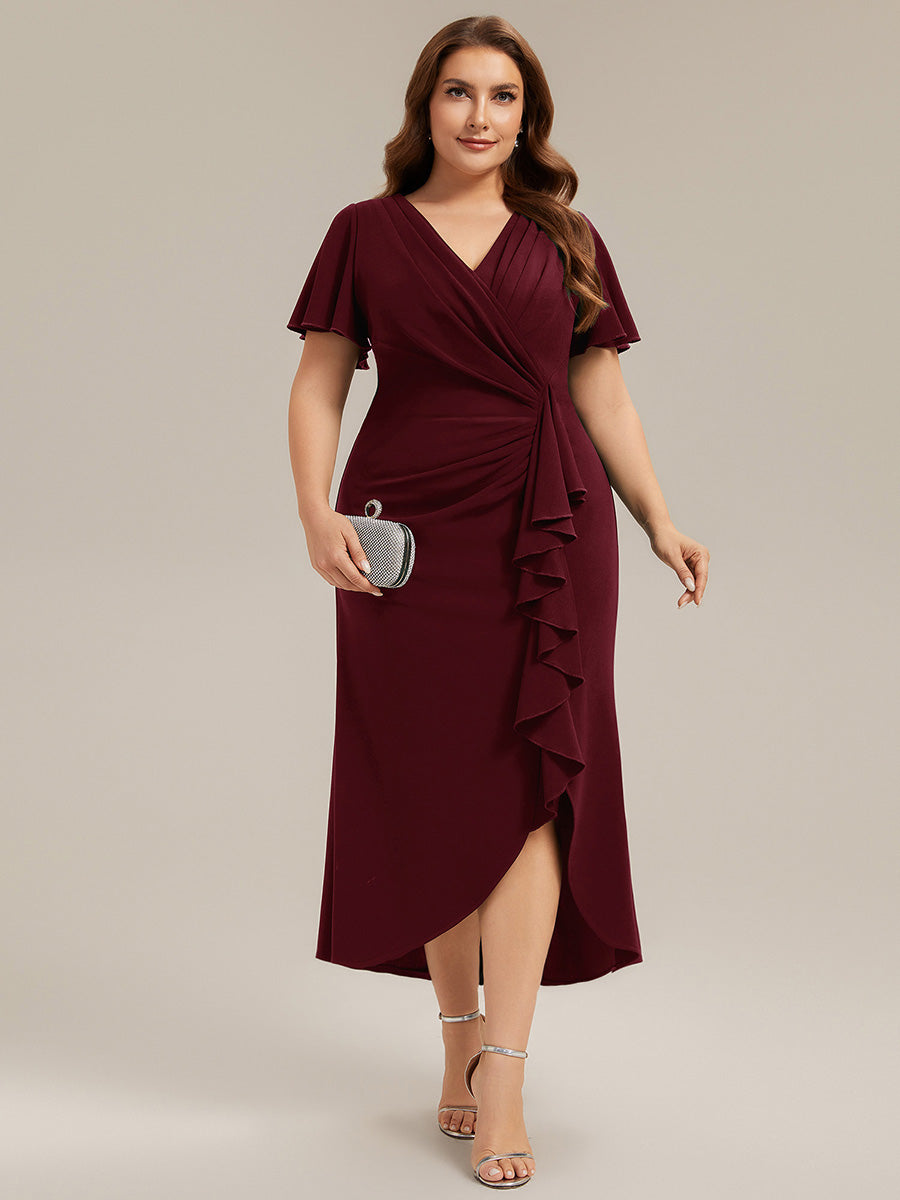 Thigh-High Slit Knit Ruffle Sleeve Wedding Guest Dress