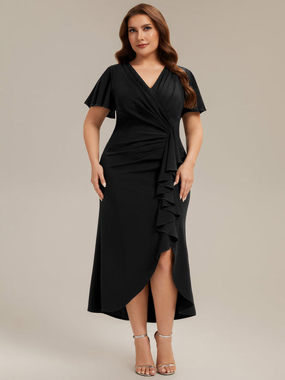 Thigh-High Slit Knit Ruffle Sleeve Wedding Guest Dress