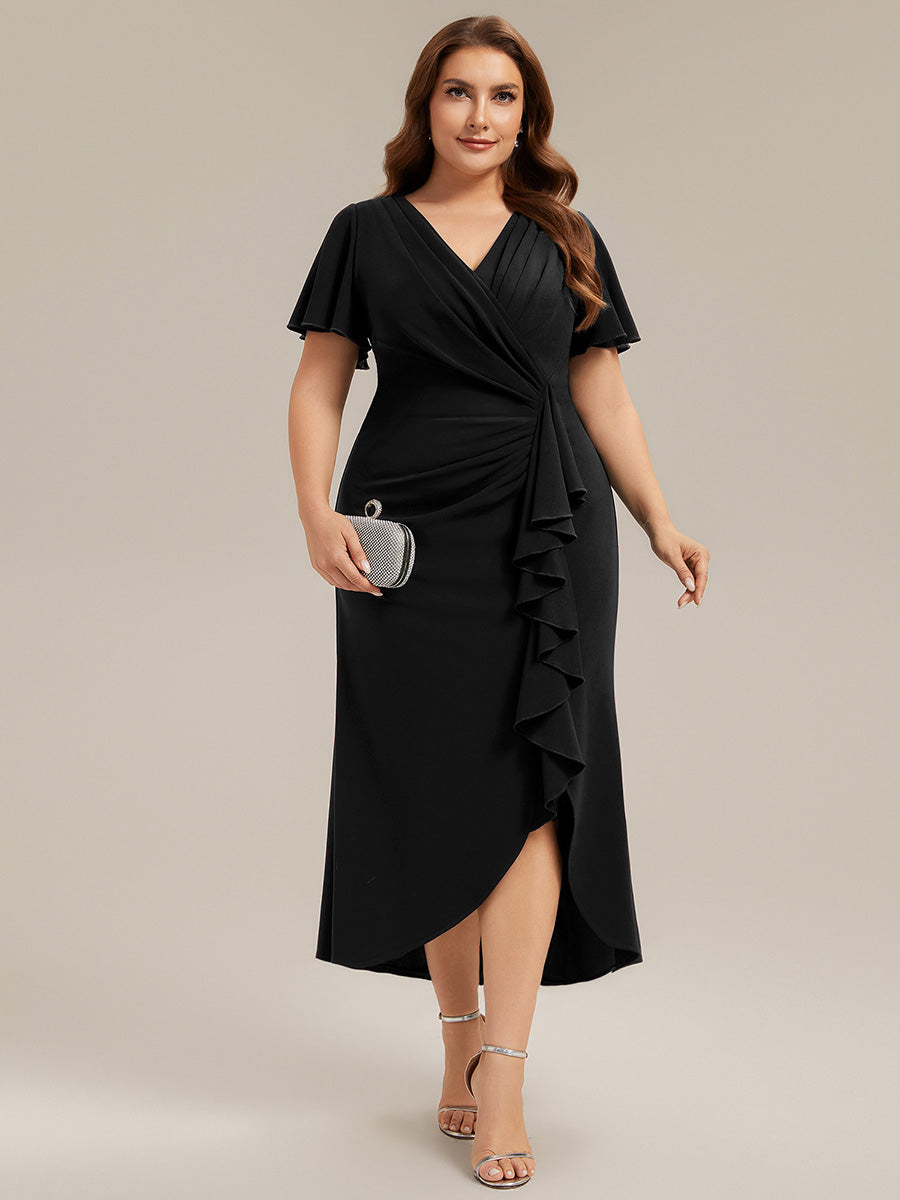 Thigh-High Slit Knit Ruffle Sleeve Wedding Guest Dress