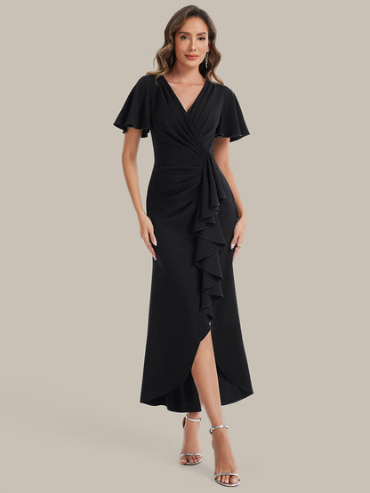Thigh-High Slit Knit Ruffle Sleeve Wedding Guest Dress