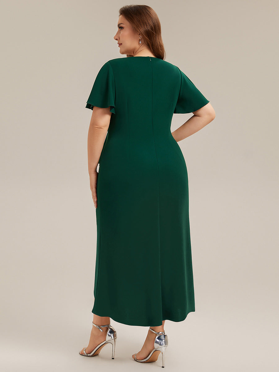 Thigh-High Slit Knit Ruffle Sleeve Wedding Guest Dress