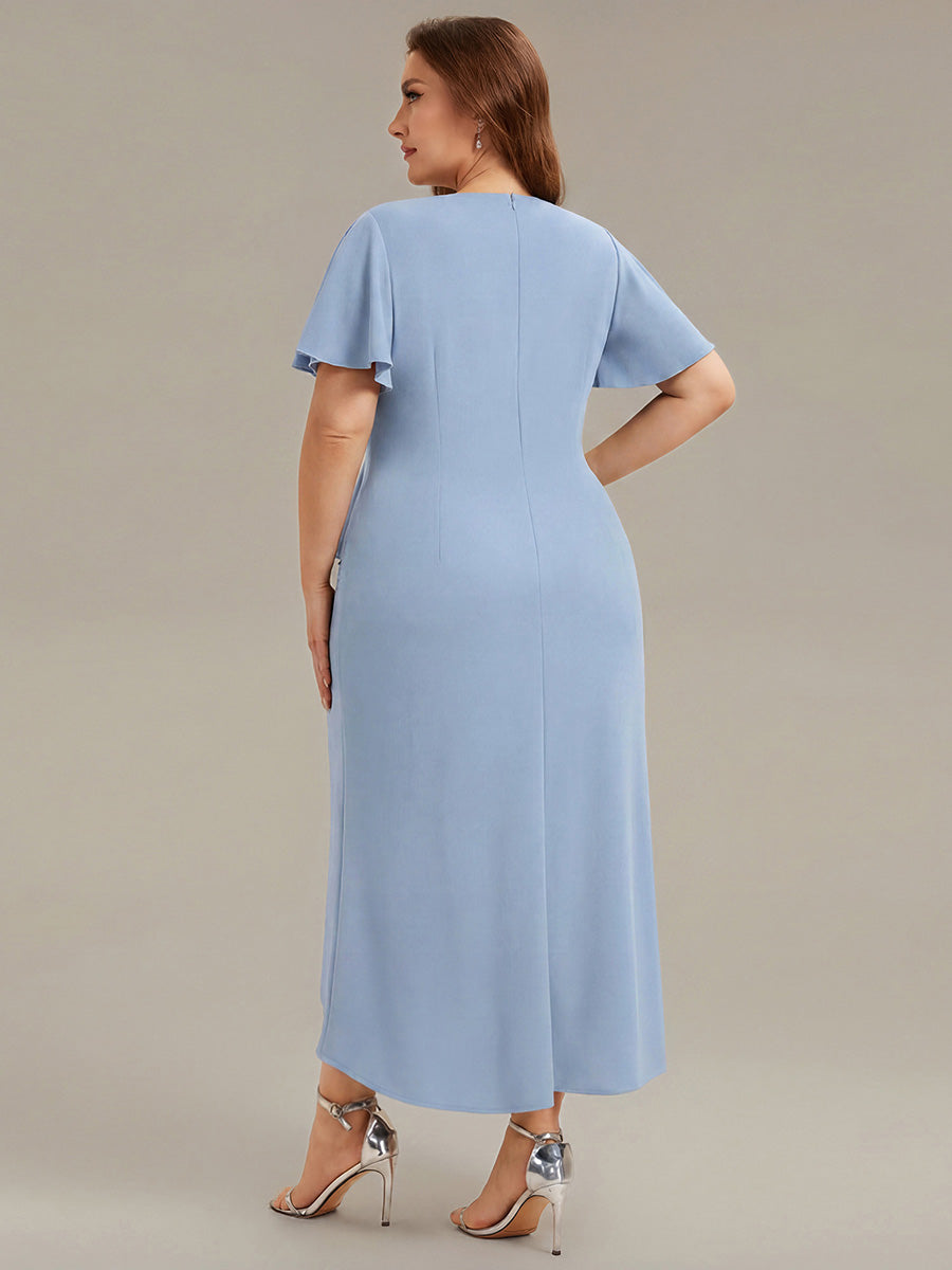 Thigh-High Slit Knit Ruffle Sleeve Wedding Guest Dress