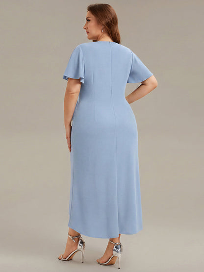 Thigh-High Slit Knit Ruffle Sleeve Wedding Guest Dress