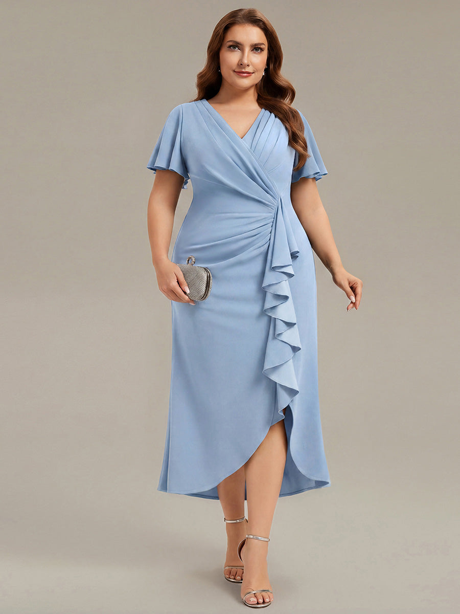 Thigh-High Slit Knit Ruffle Sleeve Wedding Guest Dress