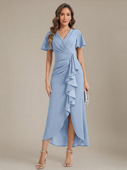 Thigh-High Slit Knit Ruffle Sleeve Wedding Guest Dress