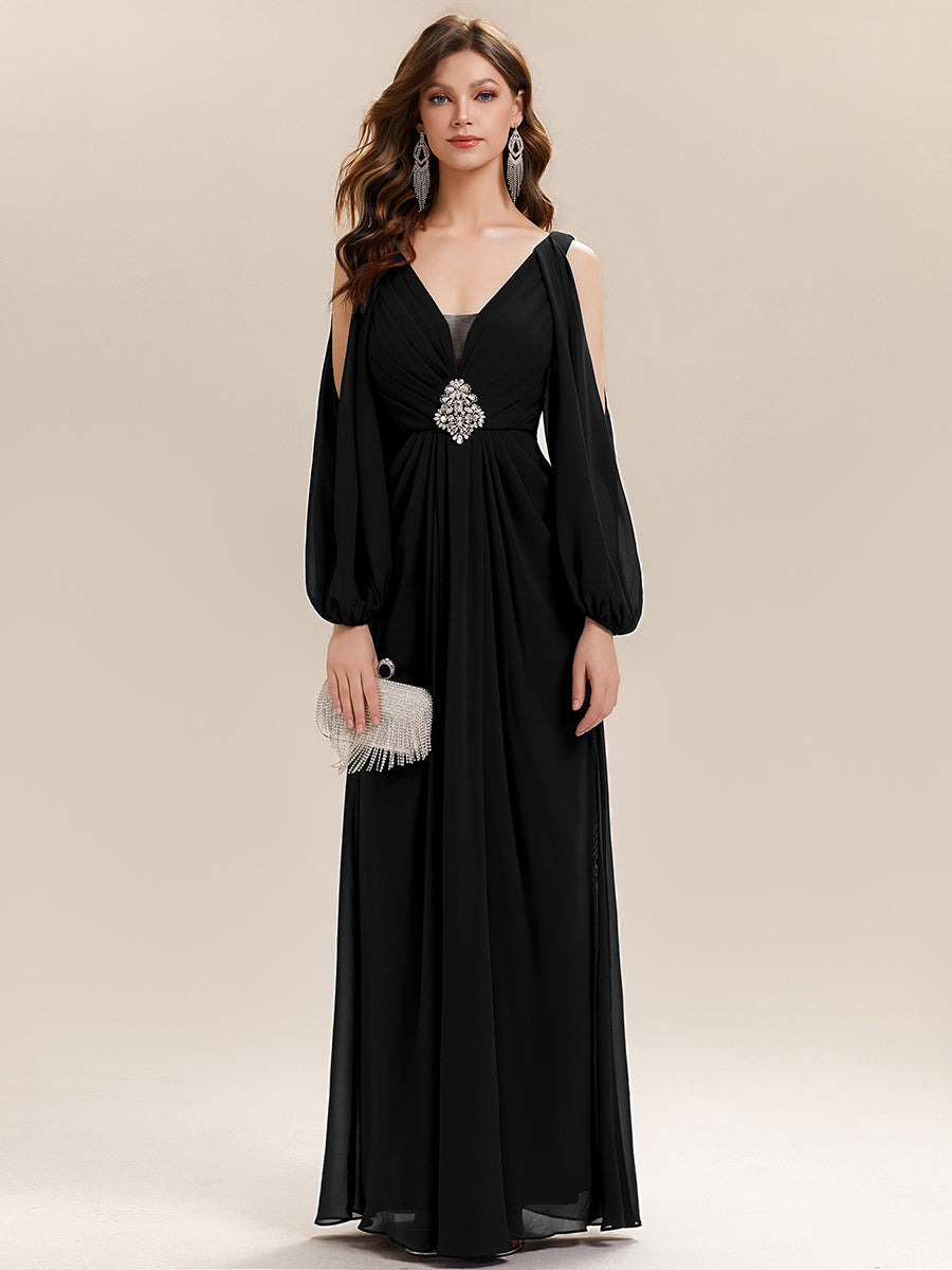 ever MARINA|Rhinestone Embellished Chiffon Lantern Sleeve Wedding Guest Dress