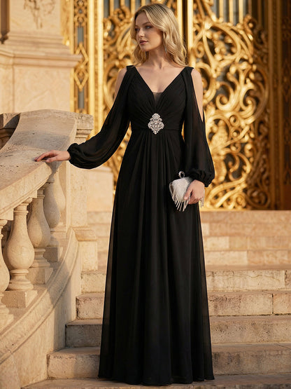 ever MARINA|Rhinestone Embellished Chiffon Lantern Sleeve Wedding Guest Dress