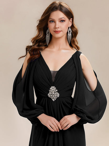 ever MARINA|Rhinestone Embellished Chiffon Lantern Sleeve Wedding Guest Dress