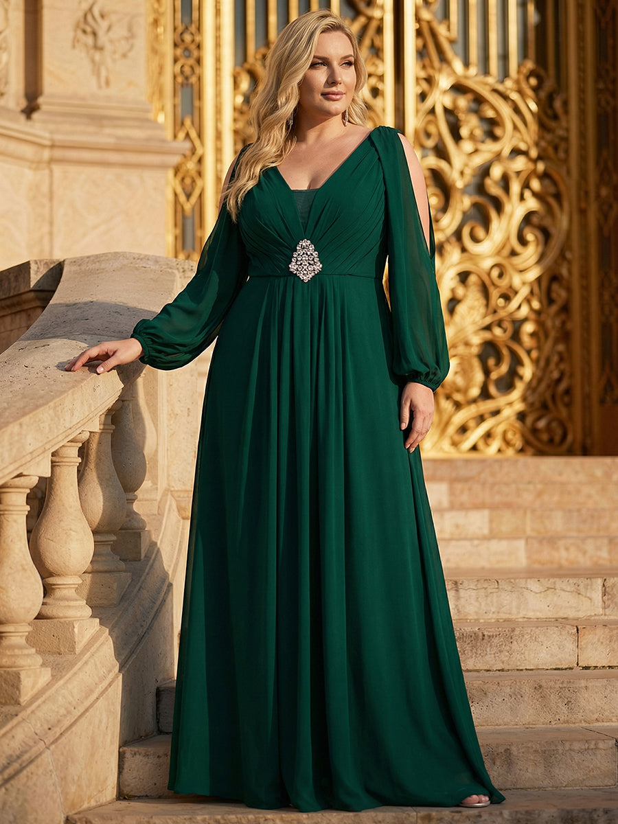 ever MARINA|Rhinestone Embellished Chiffon Lantern Sleeve Wedding Guest Dress