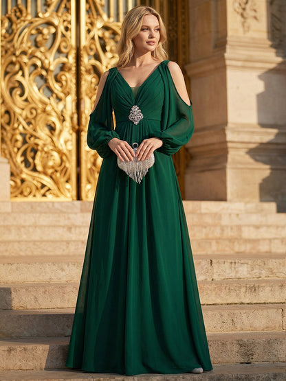 ever MARINA|Rhinestone Embellished Chiffon Lantern Sleeve Wedding Guest Dress