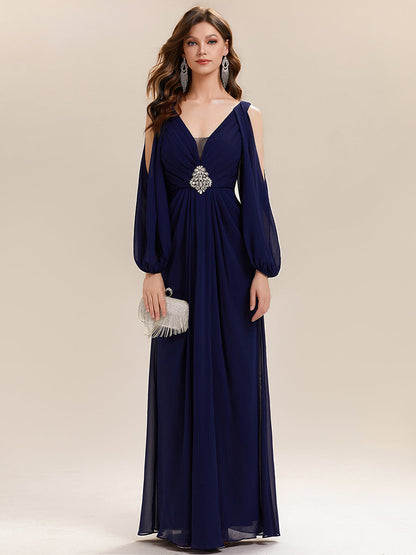 ever MARINA|Rhinestone Embellished Chiffon Lantern Sleeve Wedding Guest Dress