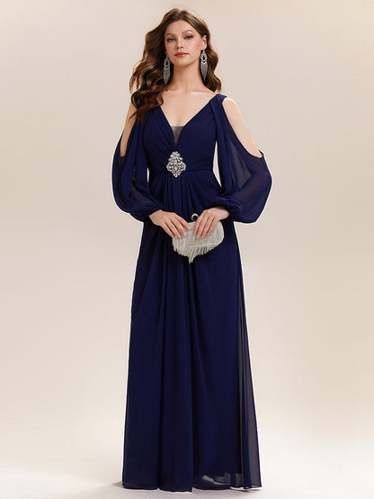 ever MARINA|Rhinestone Embellished Chiffon Lantern Sleeve Wedding Guest Dress