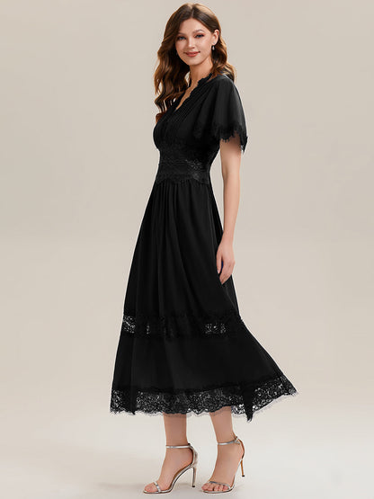 Cut-Out Detail Chiffon Ruffle Sleeve Wedding Guest Dress