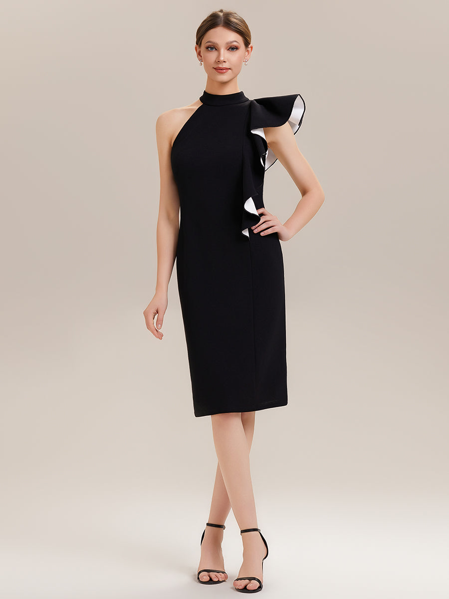 ever OBSIDIAN|Halter Sheath Ruffled Sleeveless Midi Wedding Guest Dress