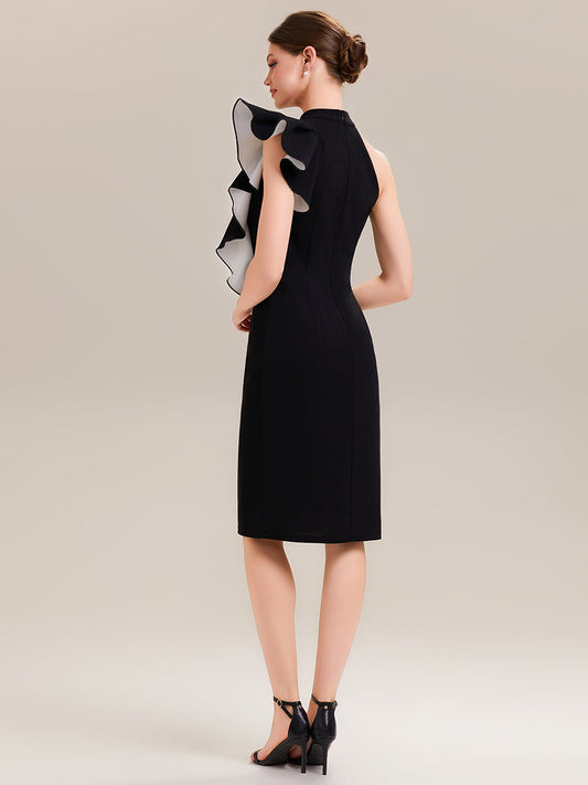 ever OBSIDIAN|Halter Sheath Ruffled Sleeveless Midi Wedding Guest Dress